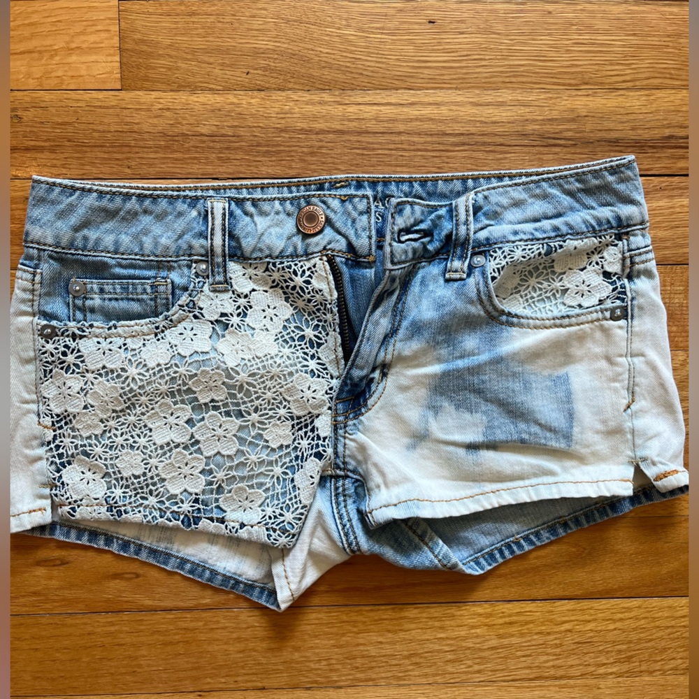 American Eagle Outfitters Lace Crochet Bleach Detail Denim Shorts
